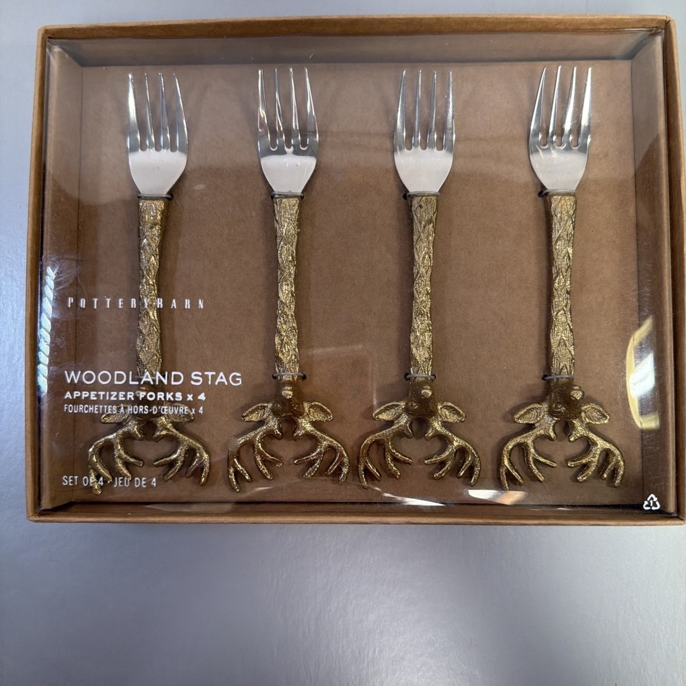 POTTERY BARN‎ WOODLAND STAG APPETIZER FORKS SET OF 4 NEW